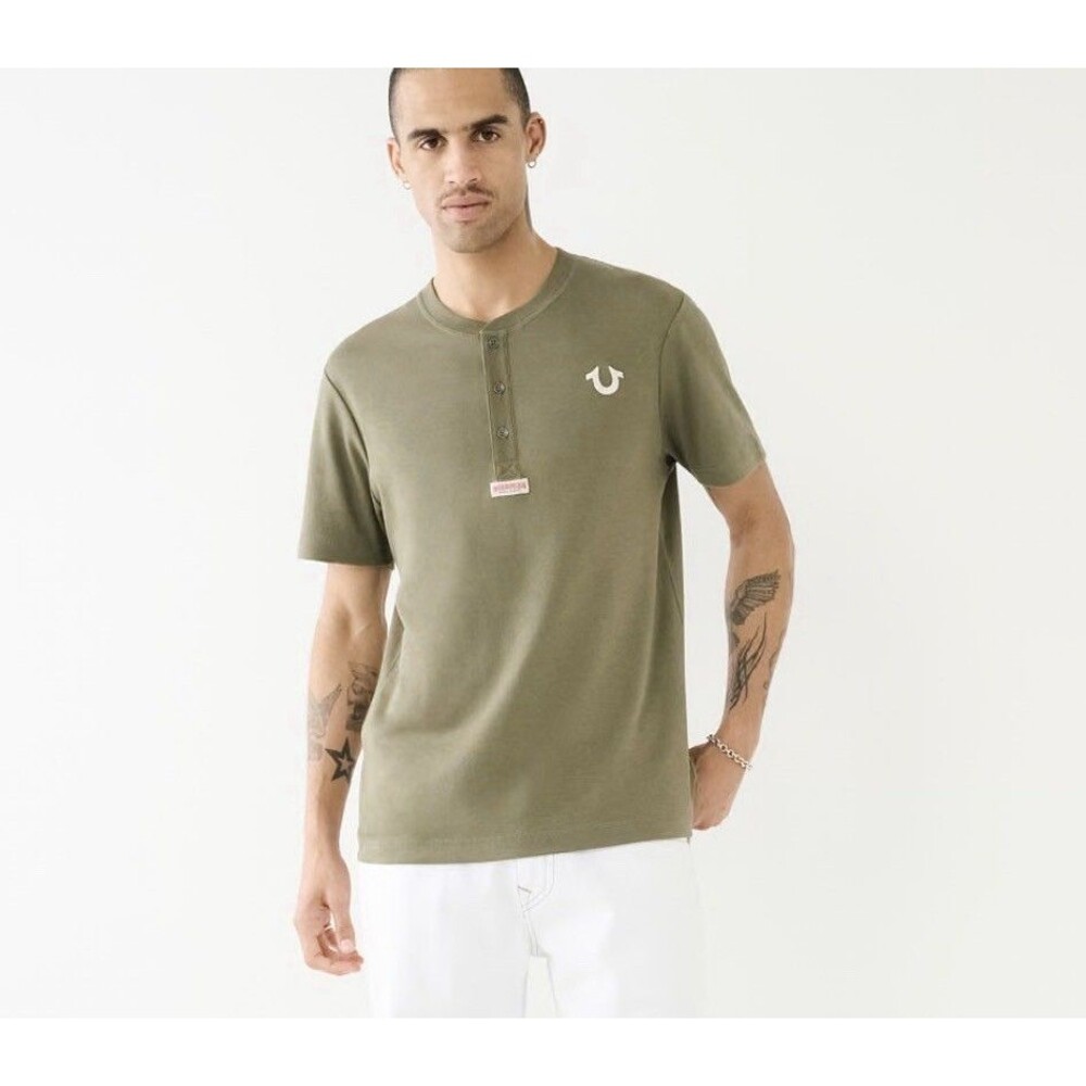 True Religion Mens Shirt Size M Green Interlock Henley Short Sleeve Cotton